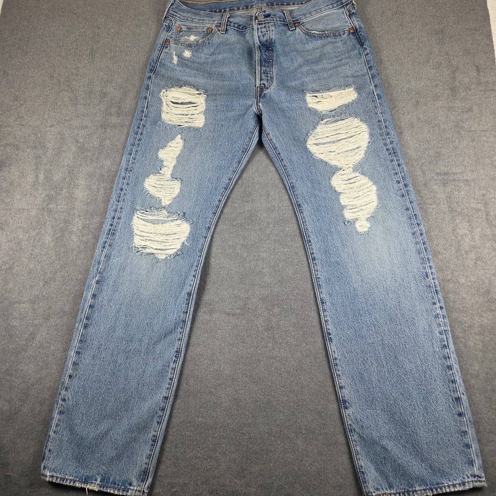 Levis 501 Original Fit Mens 36x34 Light‎ Wash Good Ripped Distressed Jeans